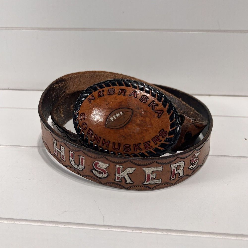 Vintage Leather Nebraska Cornhuskers Football Belt w/ Belt Buckle - 34-44”